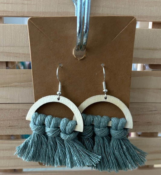 Colorful Macramé Tassel Earrings on Wooden Semicircles